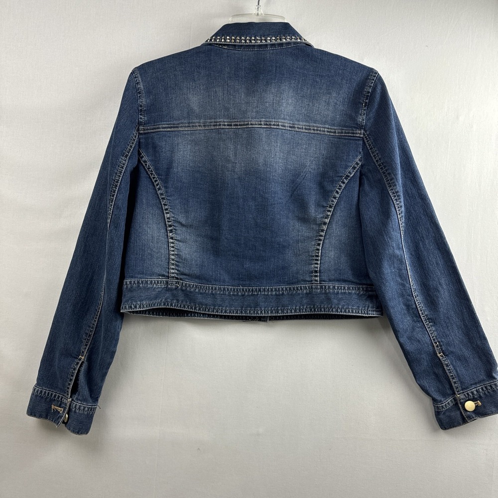 Chicos 1 Platinum Denim Jacket Womens Cropped Rhinestone Bling size Medium - Picture 6 of 12